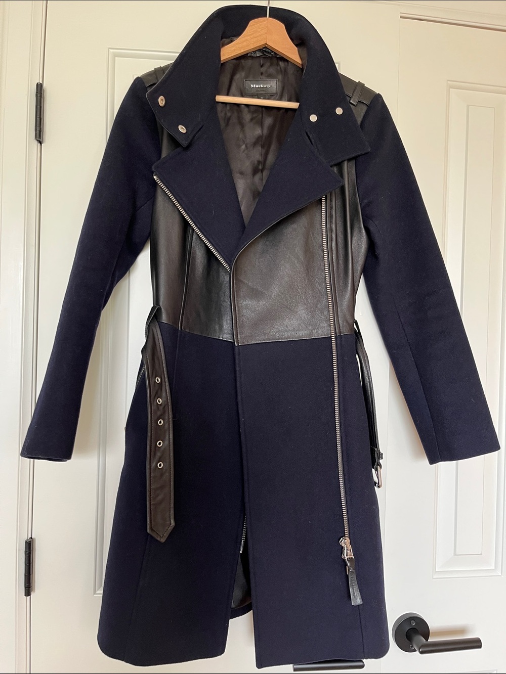 Mackage Small Navy Wool, Cashmere & Leather Moto Long Coat, funnel collar & belt